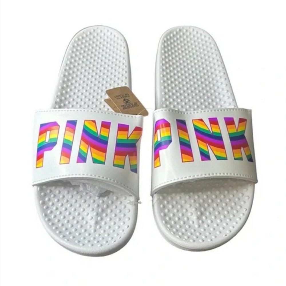NEW NWT Victorias Secret PINK Pride Rainbow Sandals - Optic White - Size Large